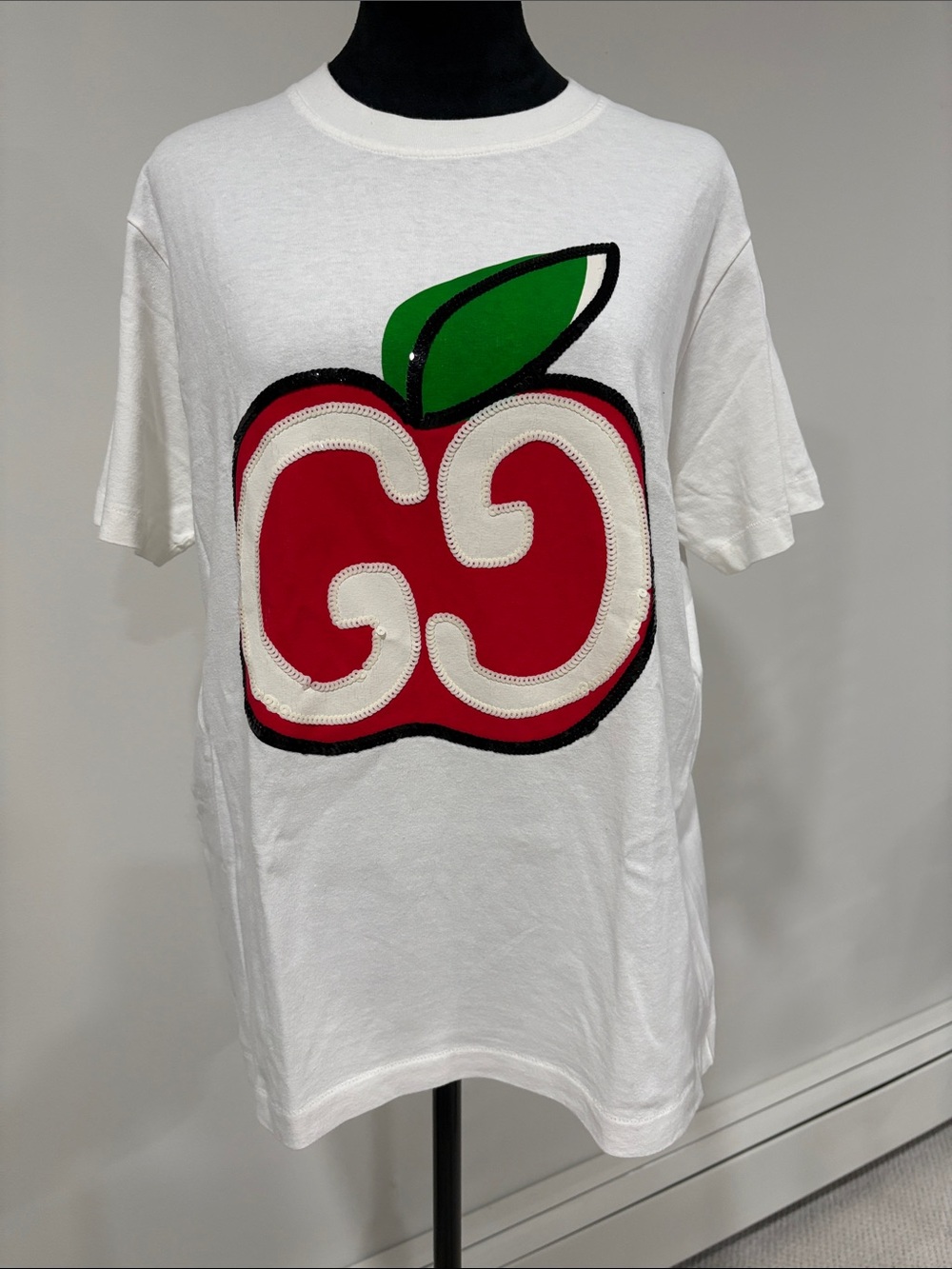 Gucci White Tee with Red Apple Graphic and Green Leaf